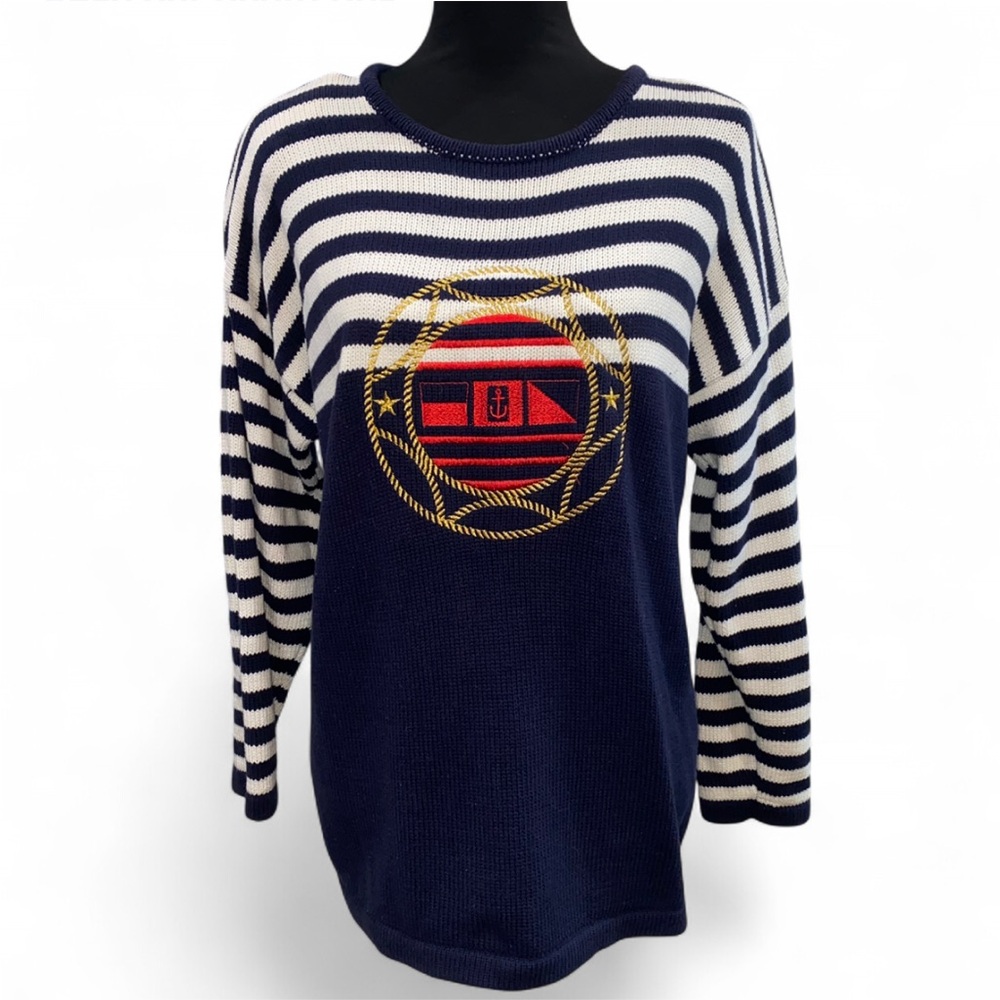 Milano Navy and White Striped Sweatshirt with Red Emblem